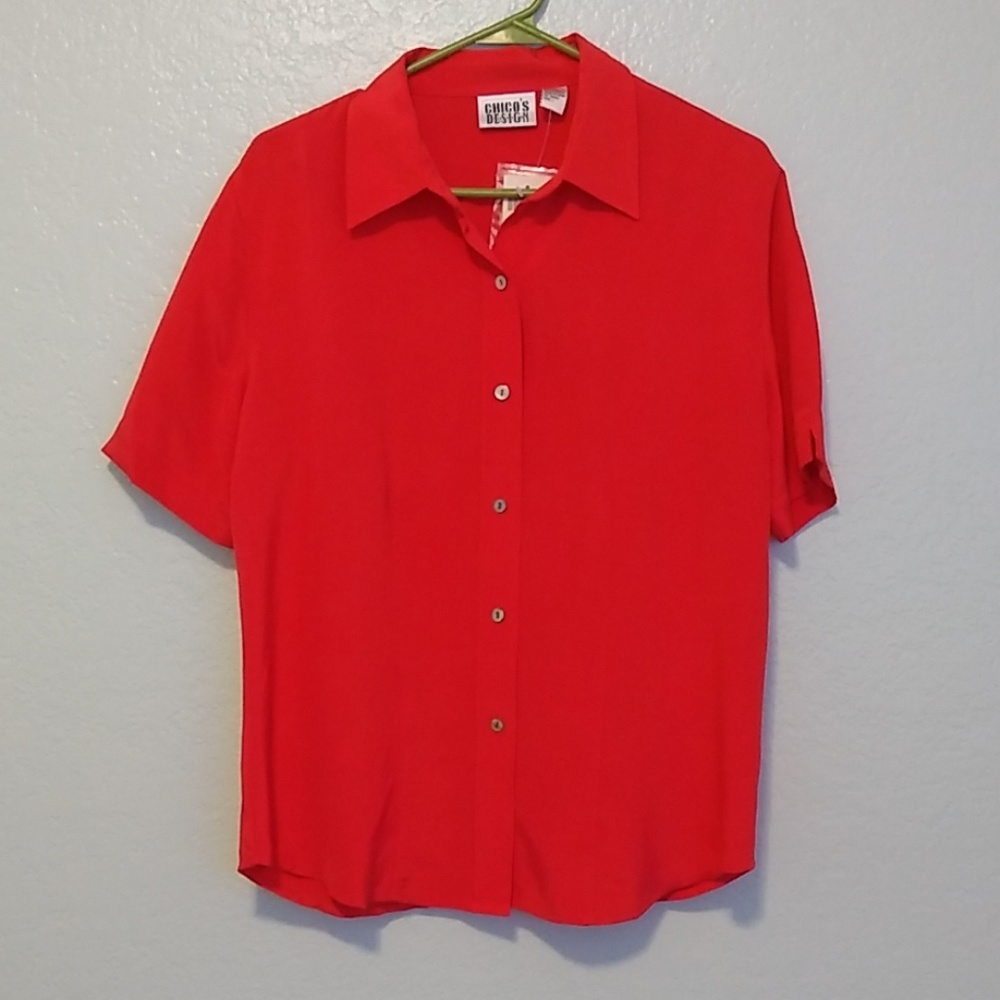 NWT Chico's red silk caviar button up top